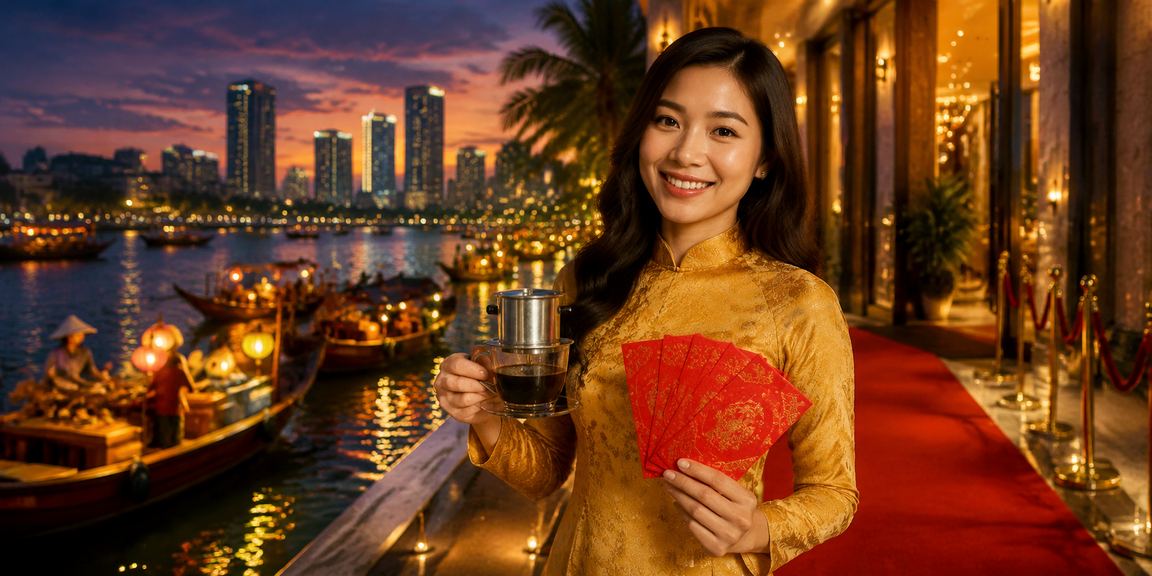 Phong bao đỏ may mắn và cà phê Việt Nam tượng trưng cho ưu đãi thưởng tại Đà Nẵng